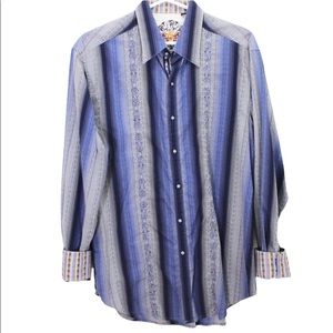 ROBERT GRAHAM Flip Cuff Blue Dress Shirt Button Up Embroidered Stripes Medium M